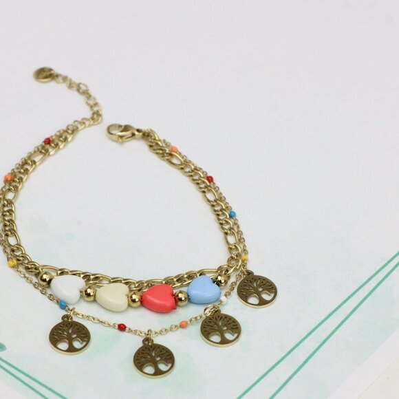 Trendy Yellow Gold Plated Heart & Tree Charm Bracelet for Women, XPBL0652 - Picture 2 of 12